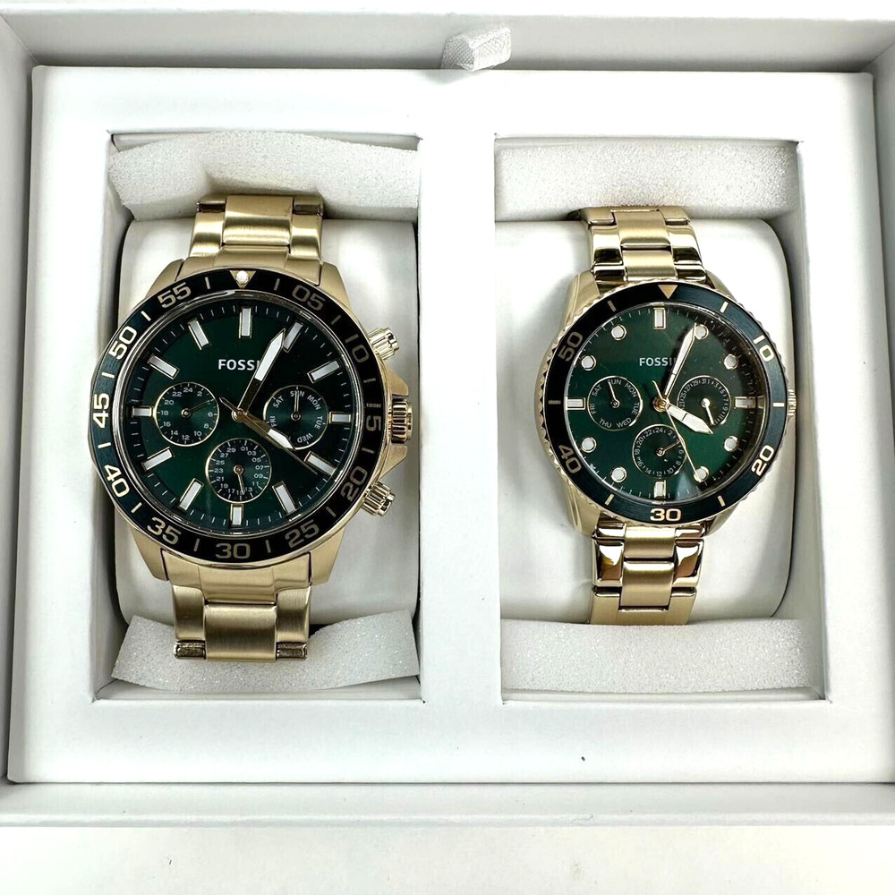 Fossil Golden Green Chronograph Stainless Steel Couples Watch Set BQM2754SET